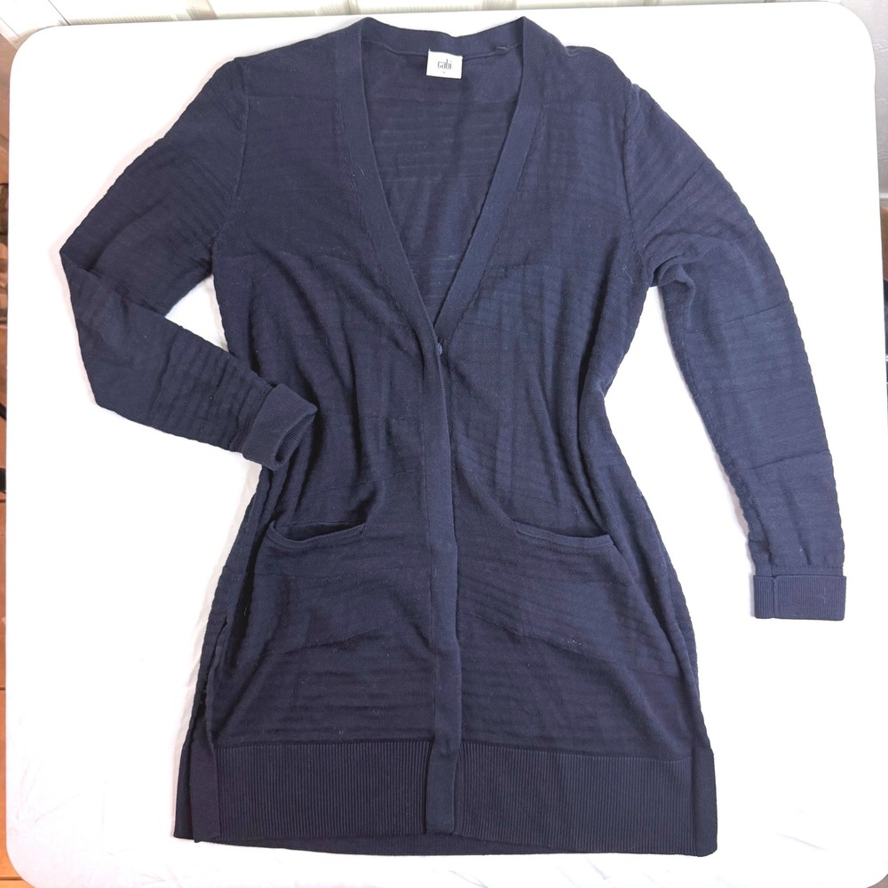 Cabi Navy Blue Longline Cardigan Sweater V-Neck Button Front Pockets Small